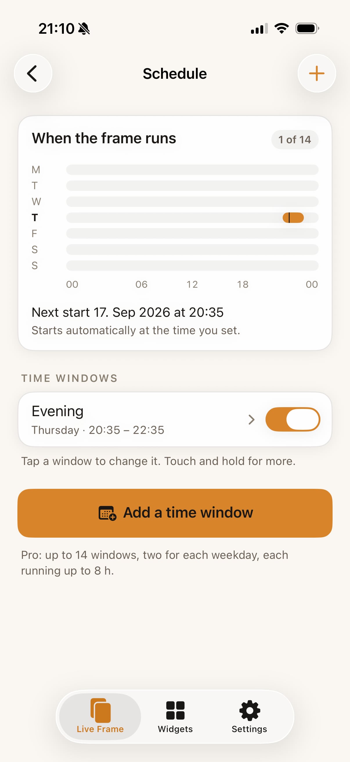Live Frame schedule with recurring time windows